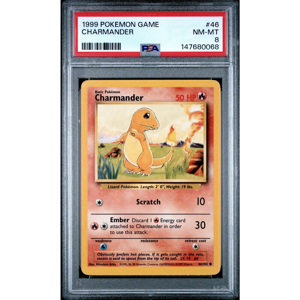 PSA 8 NM-MT Charmander 46/102 Pokémon 1999 Unlimited Base Set Common Graded Card